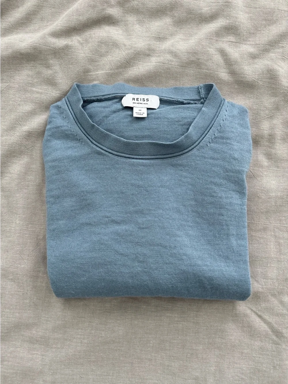 Reiss Wessex Crewneck Jumper Men’s Long Sleeve Merino Wool Sweater in Soft Blue